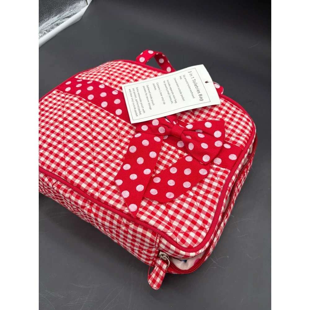 Unbranded 3 in 1 Toiletries Bag Red Gingham Polka Dot Quilted Travel Organizer